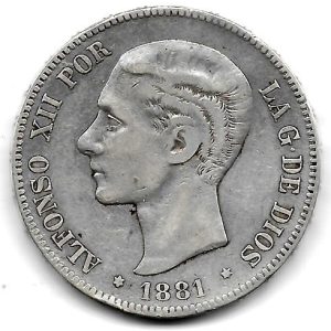 Moneda Alfonso XII 05 Pesetas 1881 *18.– (MSM).MBC