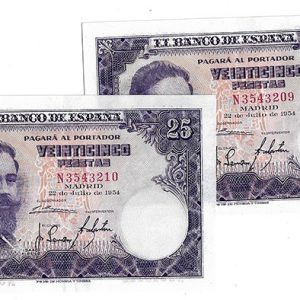 Billete Estado Español 0025 pesetas Madrid 1954 PAREJA EBC
