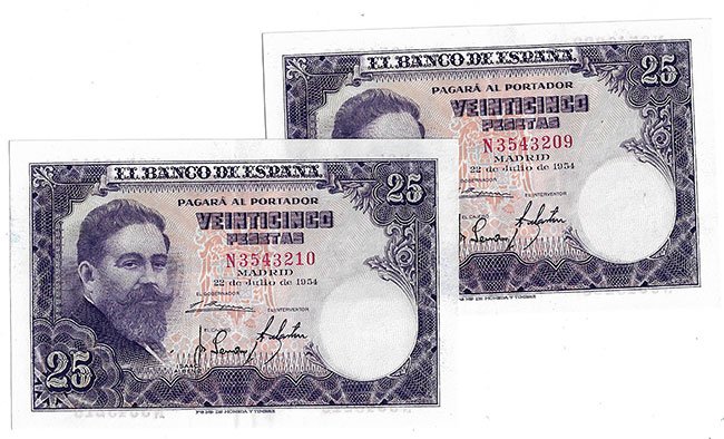 Billete Estado Español 0025 pesetas Madrid 1954 PAREJA EBC