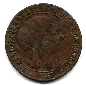 Moneda 1867. 01 ct. Escudo Isabel II 1867 (Segovia OM) MBC