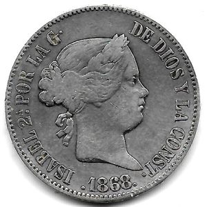 Moneda 1868.50 ctmos. de Peso Isabel II 1868 (Manila).MBC
