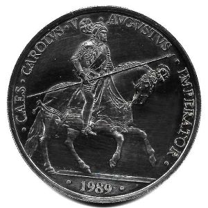 Año 1989.MONEDA PLATA 5 ECUS. Carlos V