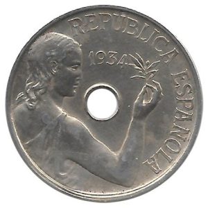 Moneda República 0,25 céntimos peseta 1934. EBC