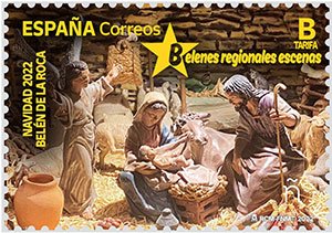 82-3. Sello Navidad. Virgen Leche y Belen de la Roca