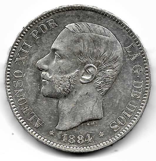 Moneda Alfonso XII 05 Pesetas 1884*18.84 (MSM) EBC+