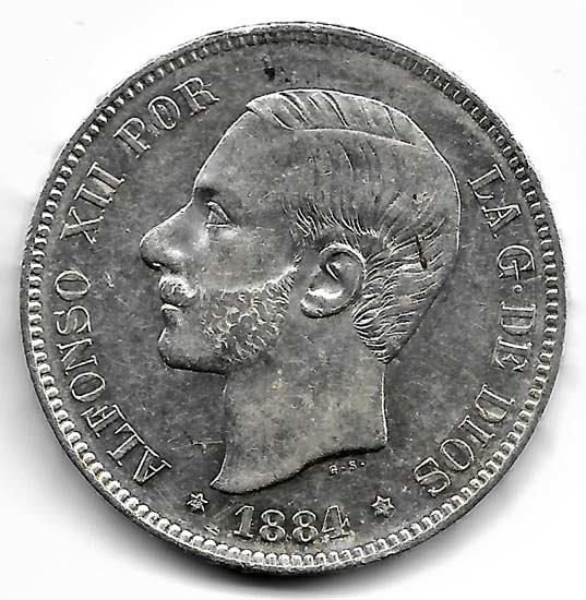 Moneda Alfonso XII 05 Pesetas 1884*18.84 (MSM) EBC-