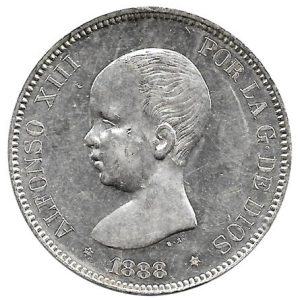 Moneda Alfonso XIII 05 Pesetas 1888 *18.88 (MPM) S/C-
