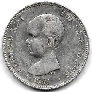 Moneda Alfonso XIII 05 Pesetas 1889 *18.89 (MPM) EBC- Lig.Golpe