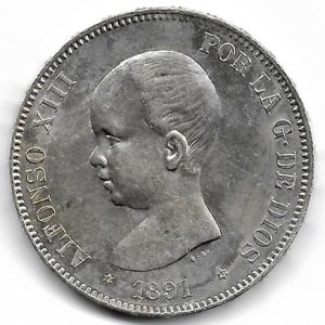 Moneda Alfonso XIII 05 Pesetas 1891 *18.91 (PGM) EBC-