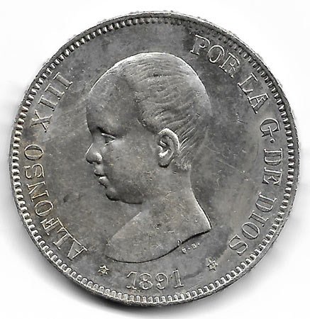 Moneda Alfonso XIII 05 Pesetas 1891 *18.91 (PGM) EBC-