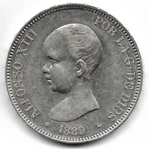 Moneda Alfonso XIII 05 Pesetas 1889 *18.89 (MPM) EBC-
