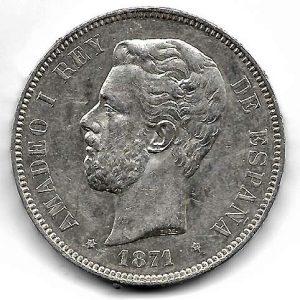 Moneda Amadeo I 05 Pesetas 1871*18.71 (SDM) MBC++ Brillo Orig.