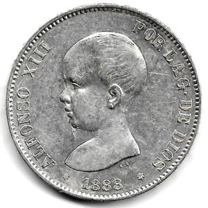 Moneda Alfonso XIII 05 Pesetas 1888 *18.88 (MPM).EBC- Golpe