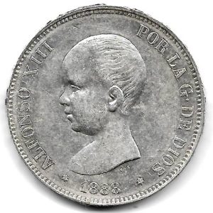 Moneda Alfonso XIII 05 Pesetas 1888 *18.88 (MPM).EBC-
