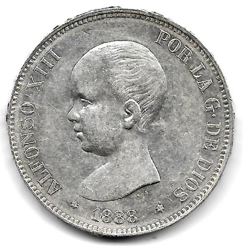 Moneda Alfonso XIII 05 Pesetas 1888 *18.88 (MPM).EBC-