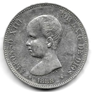 Moneda Alfonso XIII 05 Pesetas 1888 *18.88 (MPM).EBC