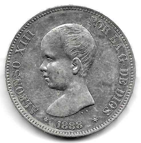 Moneda Alfonso XIII 05 Pesetas 1888 *18.88 (MPM).EBC