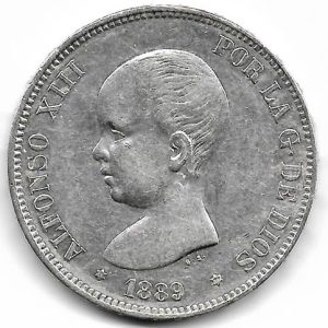 Moneda Alfonso XIII 05 Pesetas 1889 *18.89 (MPM) EBC