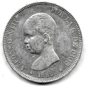 Moneda Alfonso XIII 05 Pesetas 1889 *18.89 (MPM) S/C-