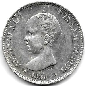 Moneda Alfonso XIII 05 Pesetas 1889 *18.89 (MPM) S/C