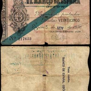 Billete Banco de España – Gijón 025 pesetas 1936 BC