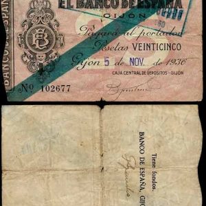 Billete Banco de España – Gijón 025 pesetas 1936 MBC-
