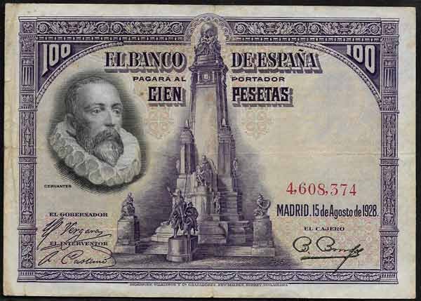 Billete Banco de España - Madrid 0100 pesetas 1928 MBC SIN SERIE