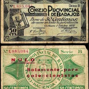 Billete Consejo Provincial Badajoz 0,50 céntimos 1937 MBC-