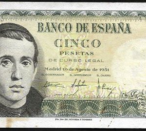 Billete Estado Español 0005 pesetas Madrid 1951 S/C- Sin Serie
