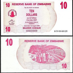 Billete Zimbabwe 0010 Dolares 2007 S/C