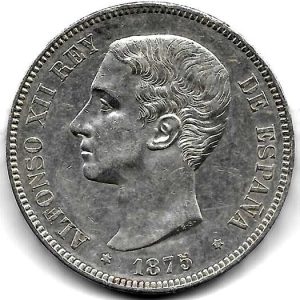 Moneda Alfonso XII 05 Pesetas 1875*18.75 (DEM). EBC Exceso Masa
