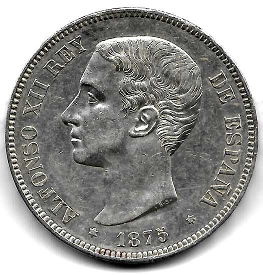Moneda Alfonso XII 05 Pesetas 1875*18.75 (DEM). EBC Exceso Masa