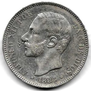 Moneda Alfonso XII 05 Pesetas 1884 *18.84 (MSM).EBC- (Golpe)