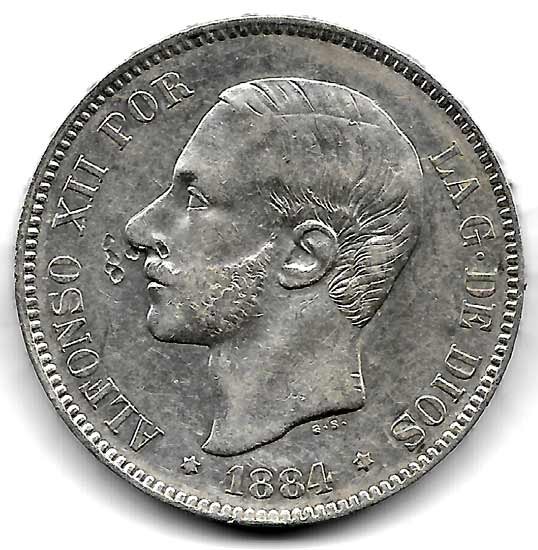 Moneda Alfonso XII 05 Pesetas 1884 *18.84 (MSM).EBC- (Golpe)