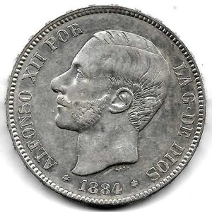 Moneda Alfonso XII 05 Pesetas 1884 *18.84 (MSM).EBC