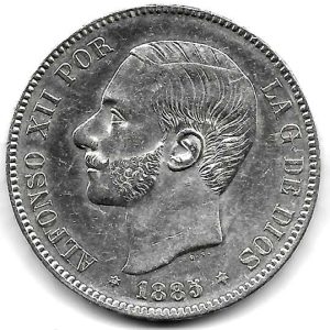 Moneda Alfonso XII 05 Pesetas 1885 *18.86 (MSM).EBC+