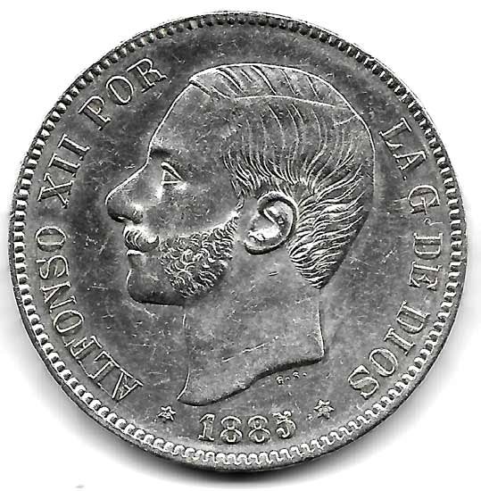 Moneda Alfonso XII 05 Pesetas 1885 *18.86 (MSM).EBC+