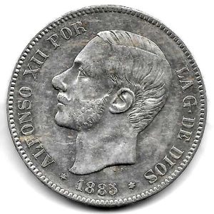 Moneda Alfonso XII 05 Pesetas 1885 *18.87 (MSM).MBC+