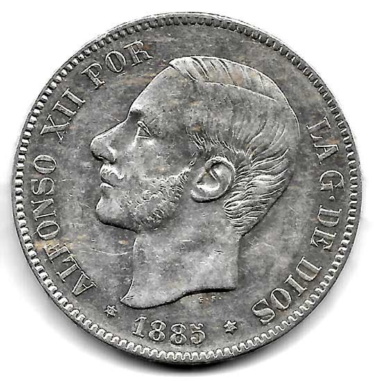Moneda Alfonso XII 05 Pesetas 1885 *18.87 (MSM).MBC+