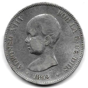 Moneda Alfonso XIII 05 Pesetas 1892 *–.92 (PGM) .MBC Pelon
