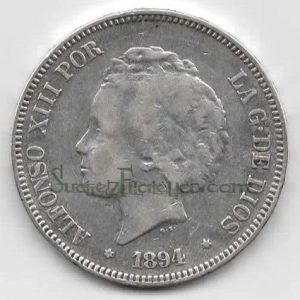 Moneda Alfonso XIII 05 Pesetas 1894 *18.9- (PGV).MBC