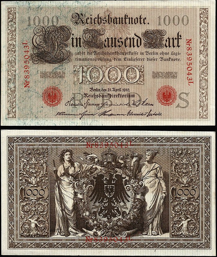 Billete Alemania IMPERIO 01000 Marcos 1910 SC- P44b 7 dig T