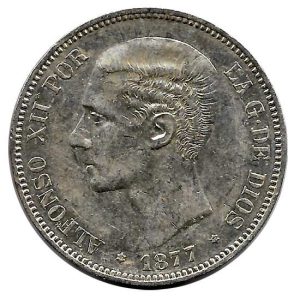 Moneda Alfonso XII 05 Pesetas 1877 *18.77 (DEM). EBC-