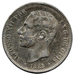 Moneda Alfonso XII 05 Pesetas 1885 *18.85 (MSM).MBC+