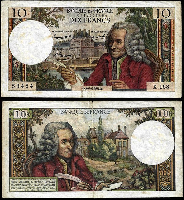 Billete Francia 010 Francos 1965 MBC- P147a PTO GRAPA