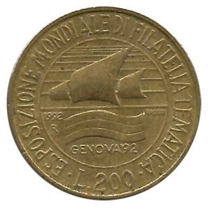 Moneda Italia 200 Liras 1992 MBC Genova