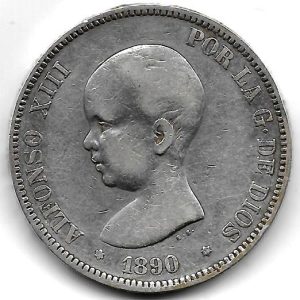 Moneda Alfonso XIII 05 Pesetas 1890 *–.90 (PGM). MBC