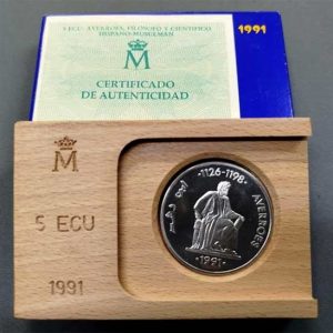 Año 1991.MONEDA PLATA 5 ECUS. Averroes