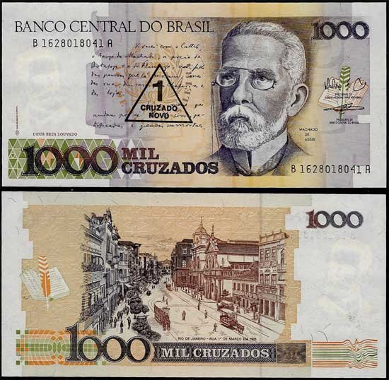 Billete Brasil 1 CRUZADO NOVO sobre 1000 Cruzados 1989 SC P216b