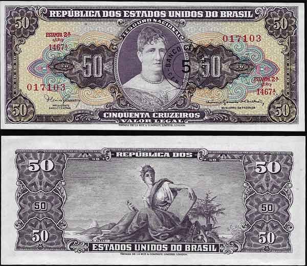 Billete Brasil 5 CENTAVOS sobre 50 Cruzeiros 1966-67 SC P184b